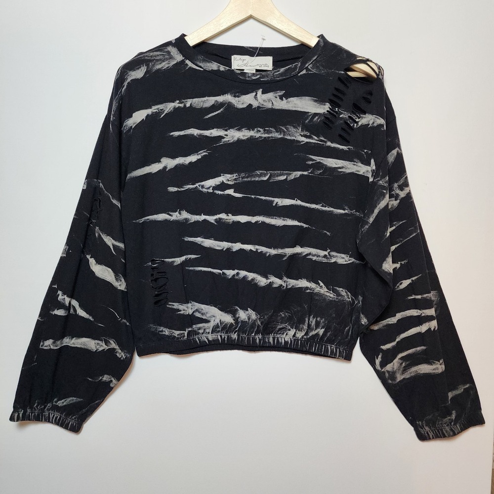 Vintage Havana Distressed Tie Dye Stripe Cropped Sweatshirt Black White Medium